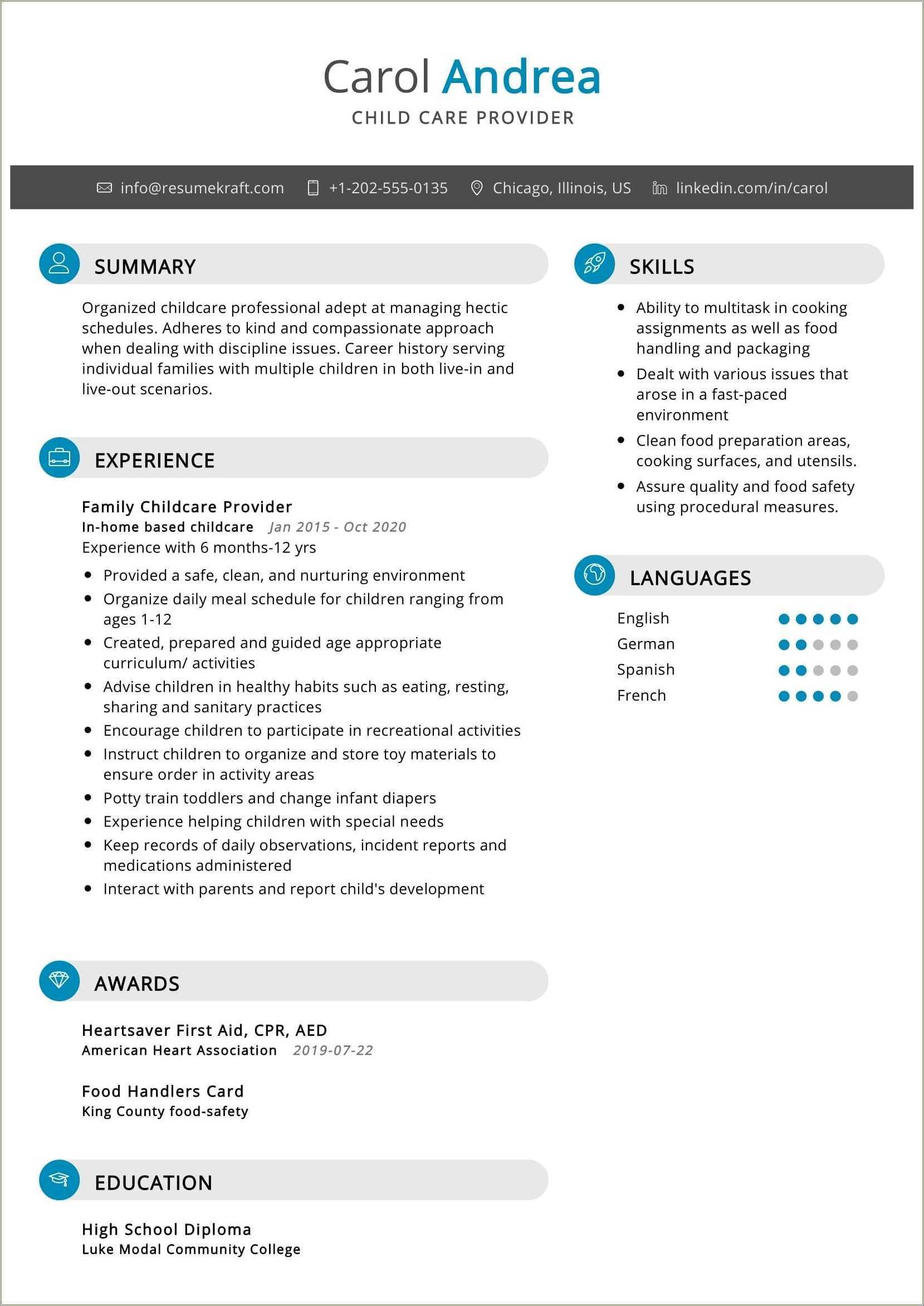 Child Day Care Resume Sample