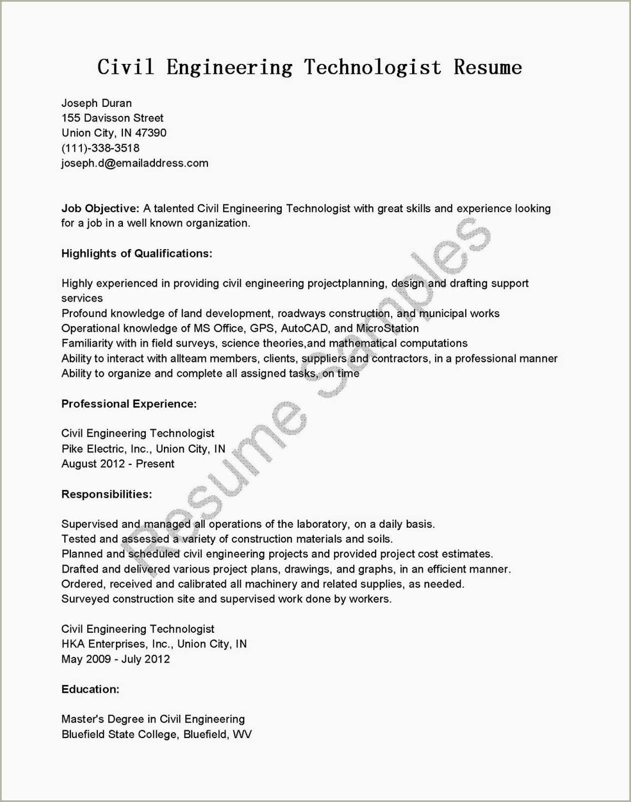 Civil Engineering Technician Resume Objective