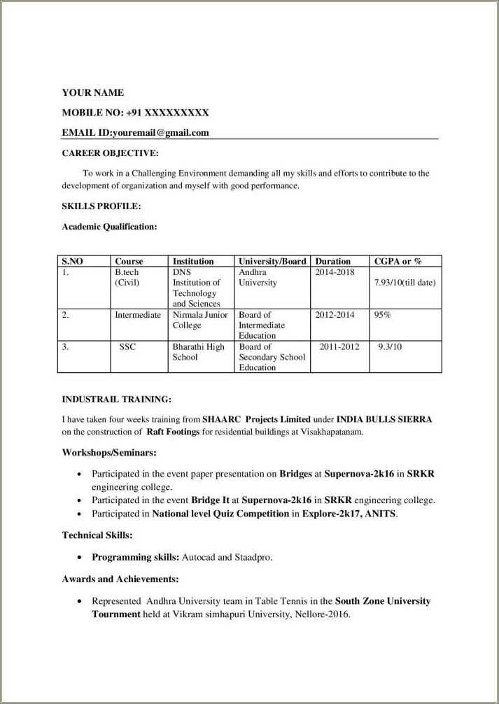 Civil Fresher Resume Sample Download
