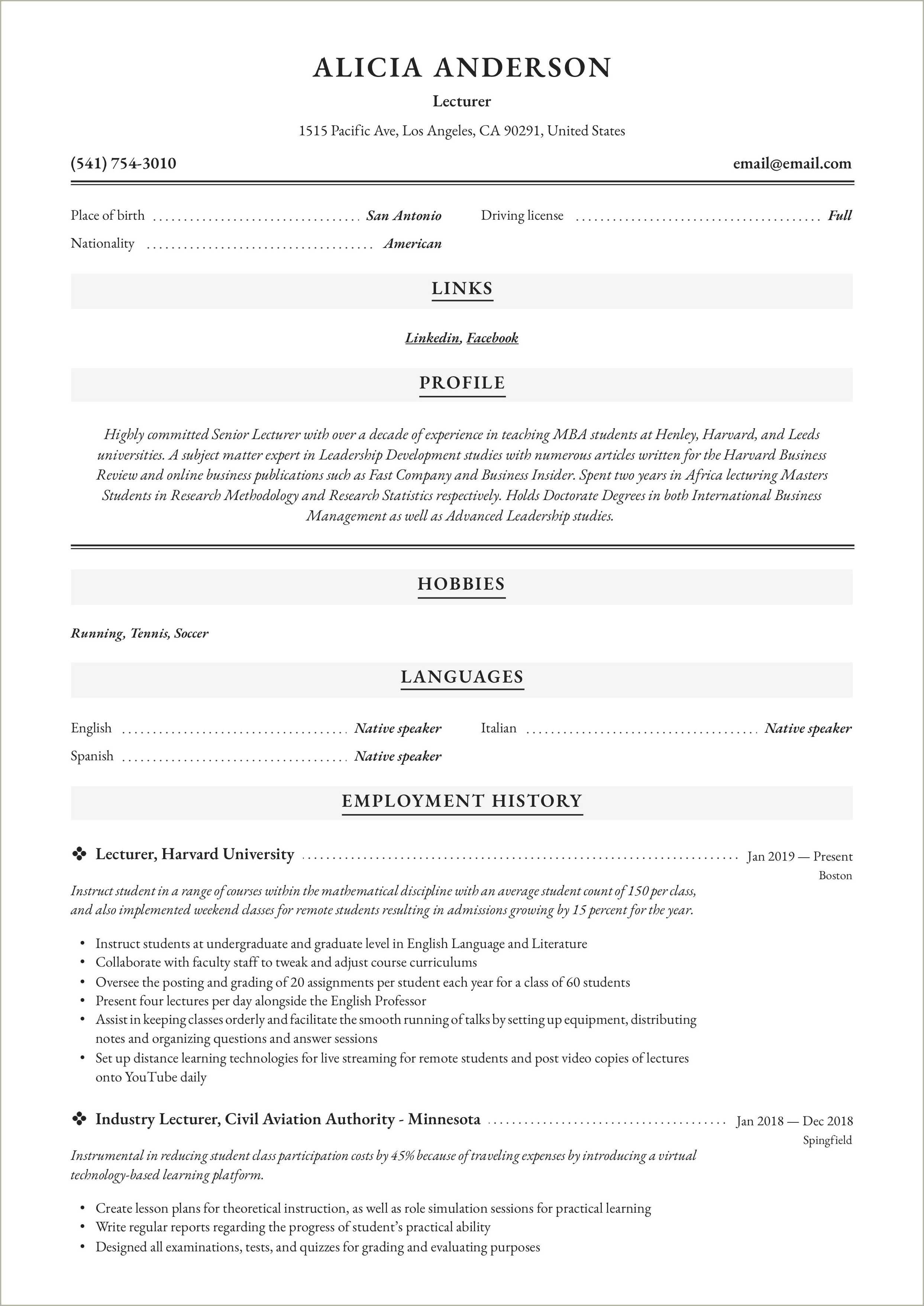 College Adjunct Professor Resume Example