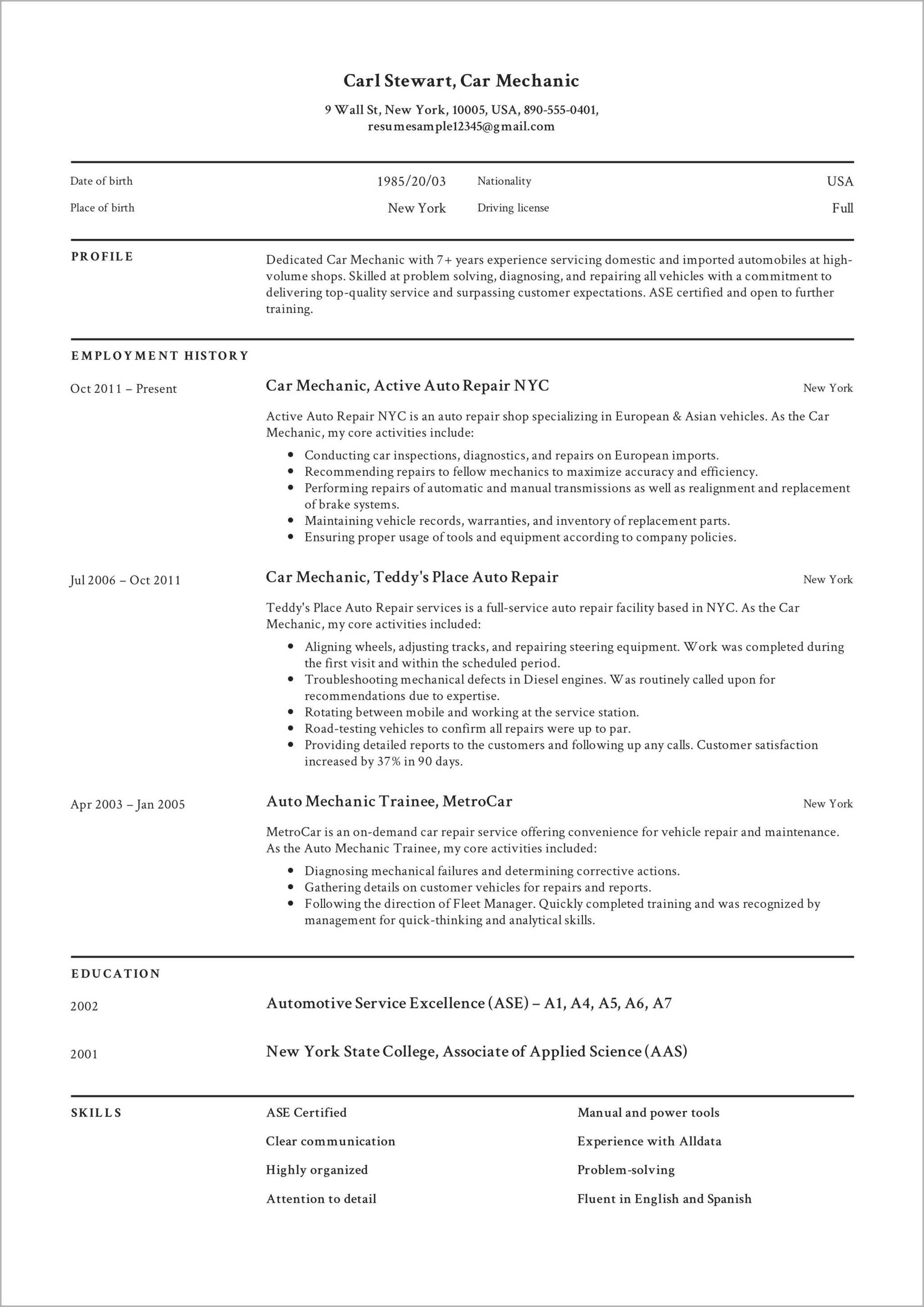 resume for repair technician