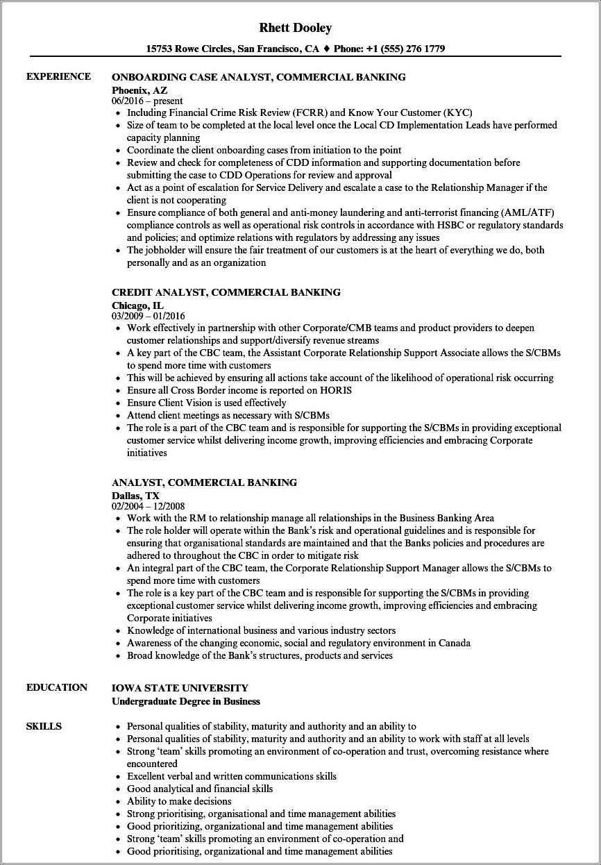 Commercial Credit Analyst Resume Sample