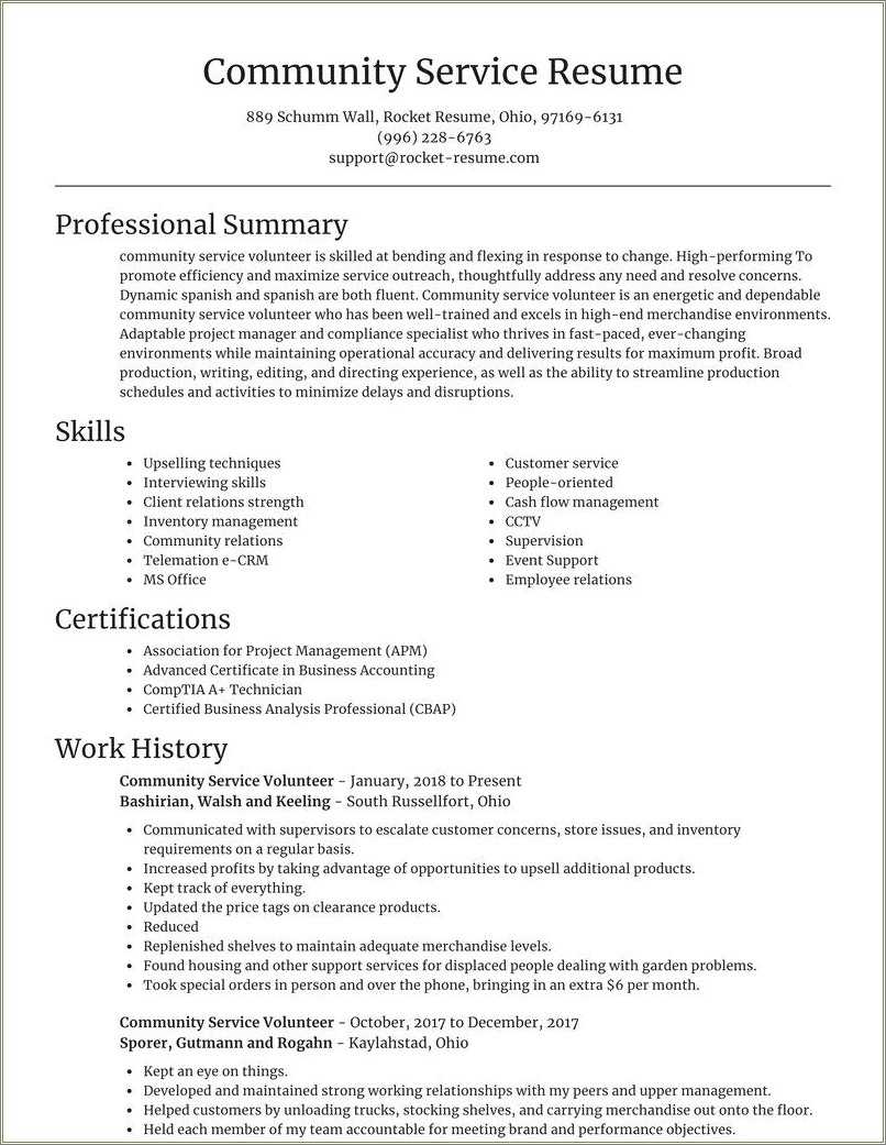 Community Service Section On Resume Example