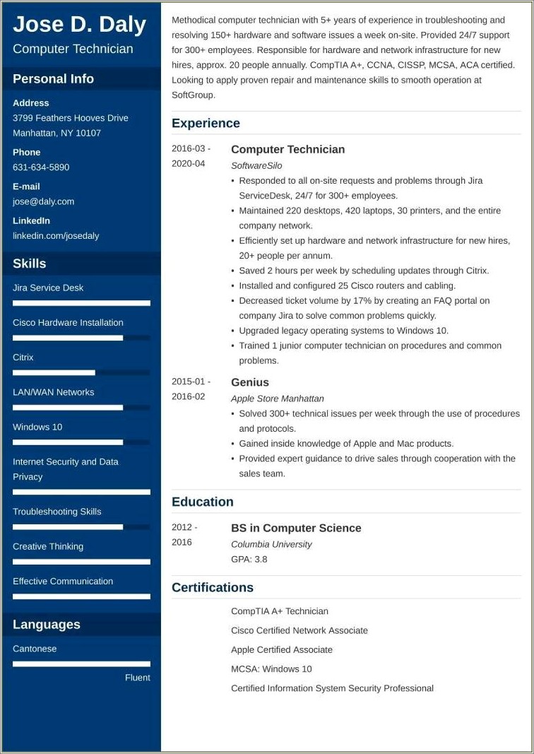 Comp A+ Certification Summary Of Skills For Resume