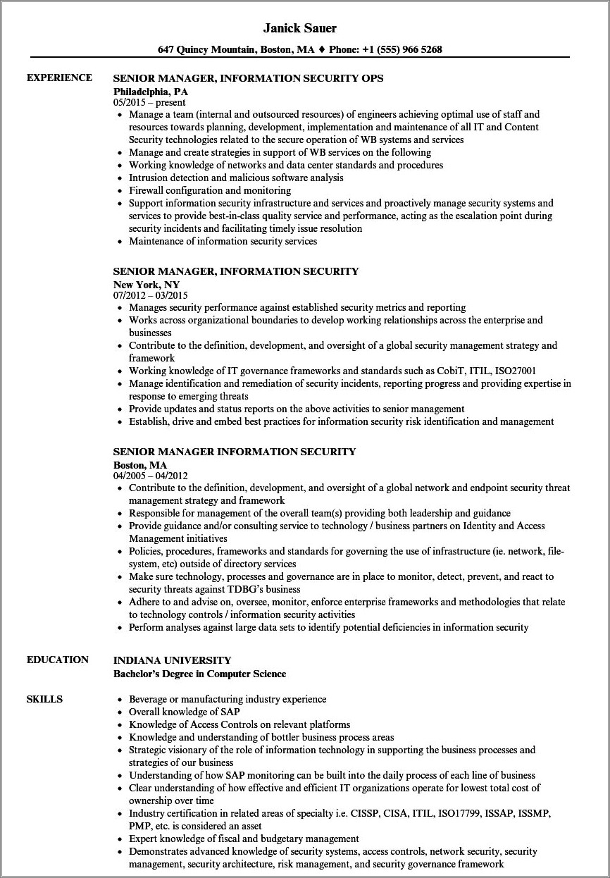 Computer And Information Systems Managers Resume