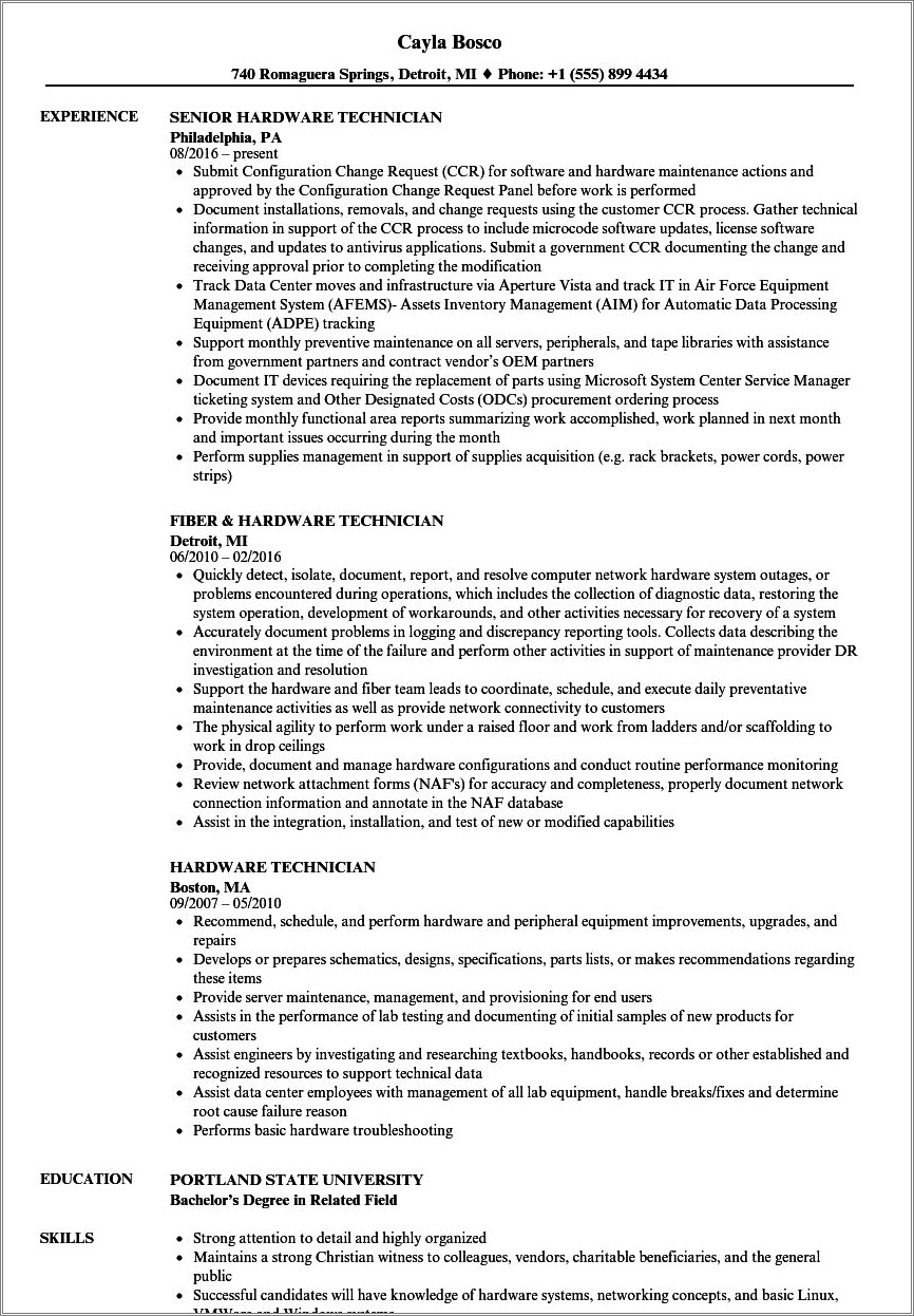 Computer Hardware Skills In Resume