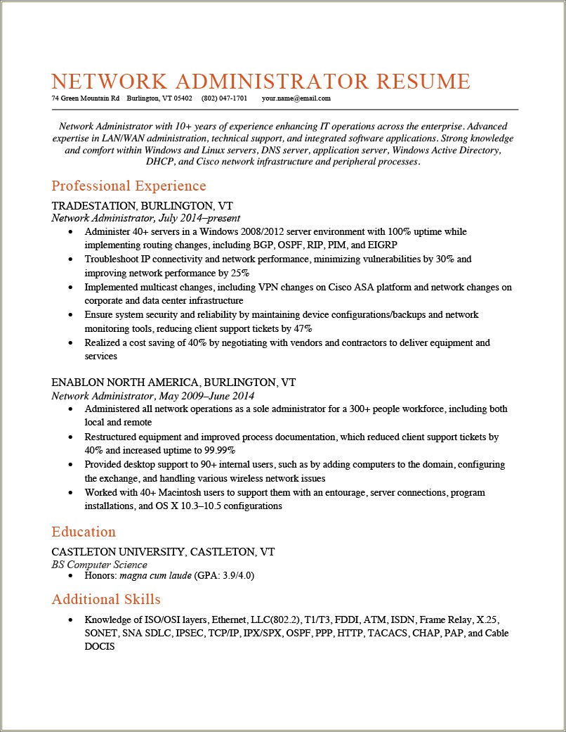 Computer Networking Skills On Resume