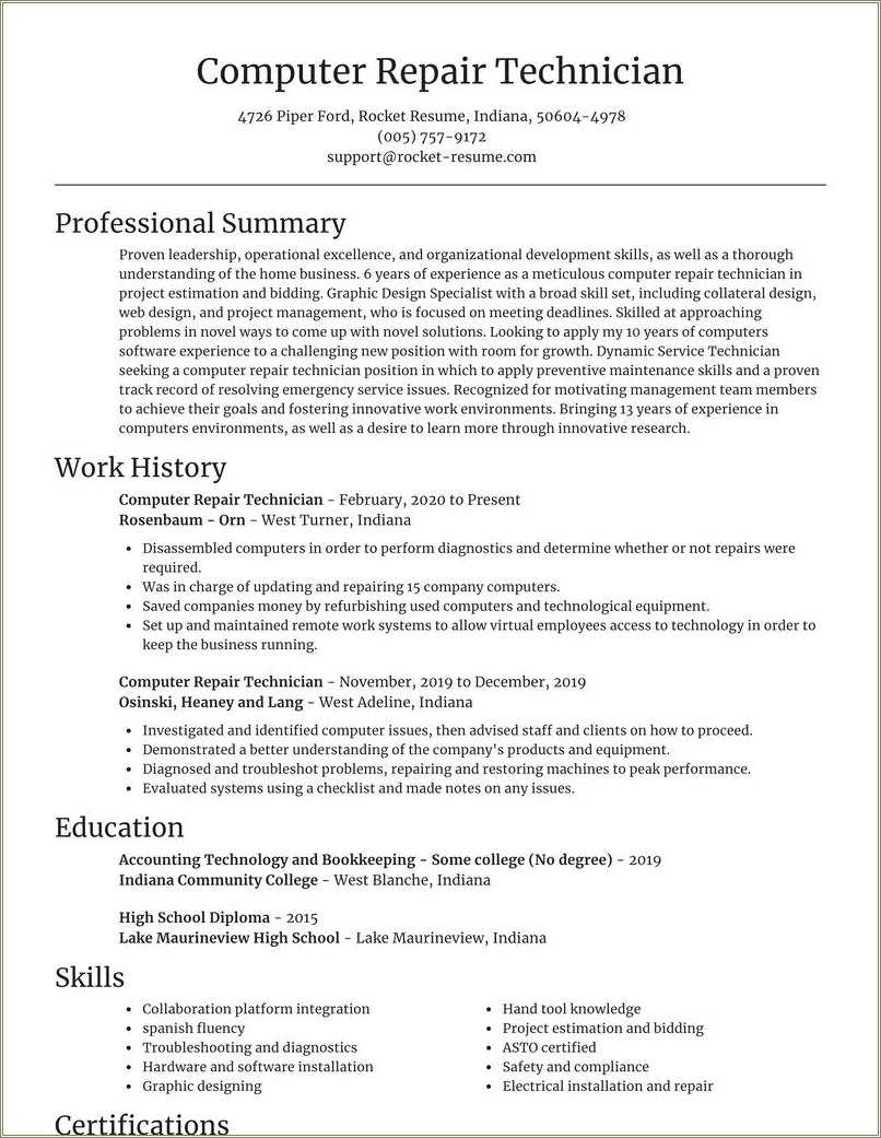 Computer Repair Technician Resume Example