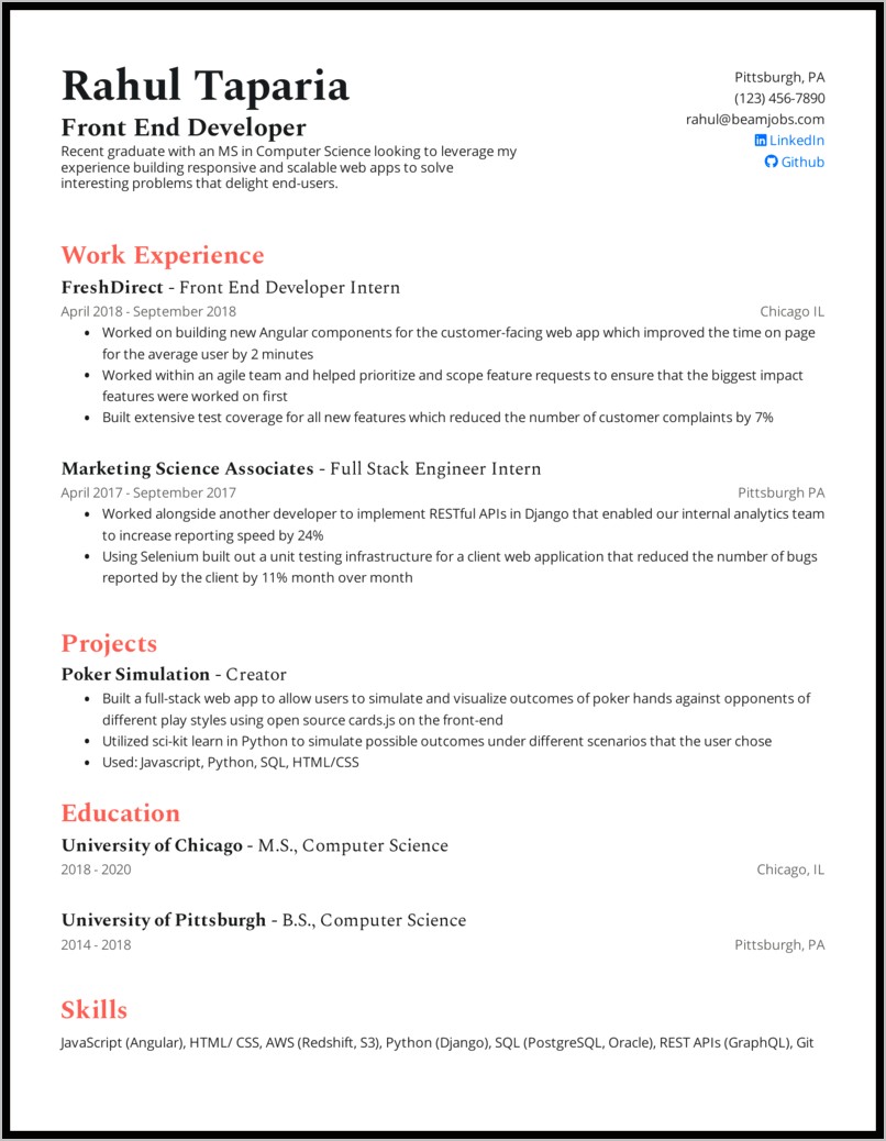 Computer Science Resume Example 2017