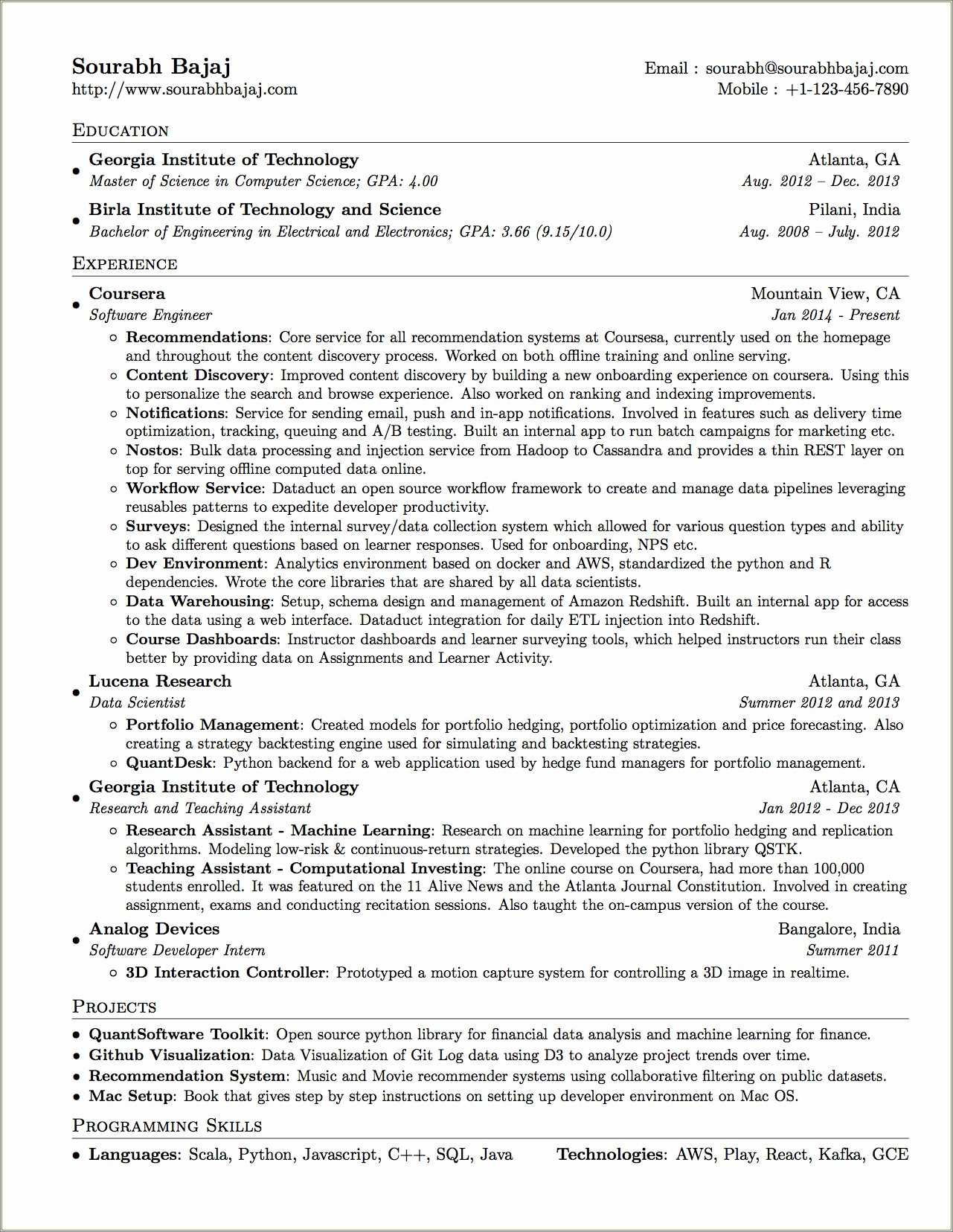 Computer Science Resume No Experience Example