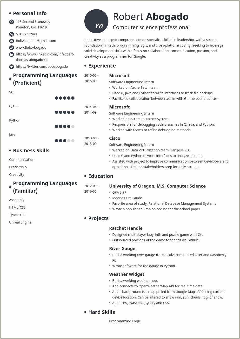 Computer Science Student Resume With Experience