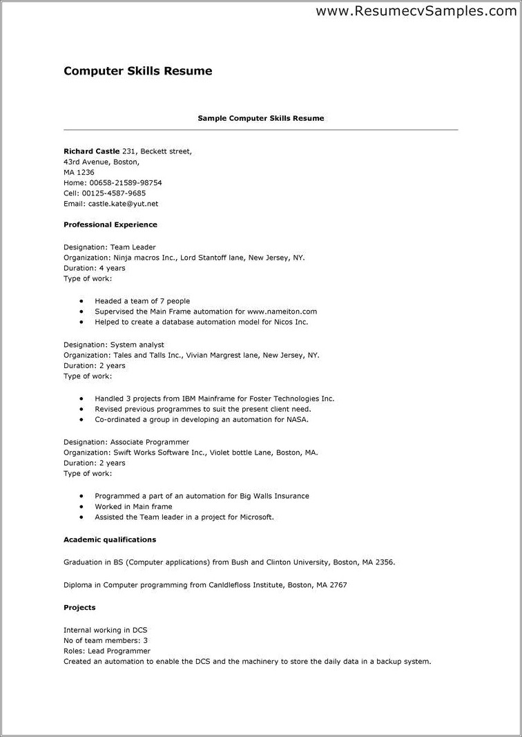 Computer Skill In A Resume