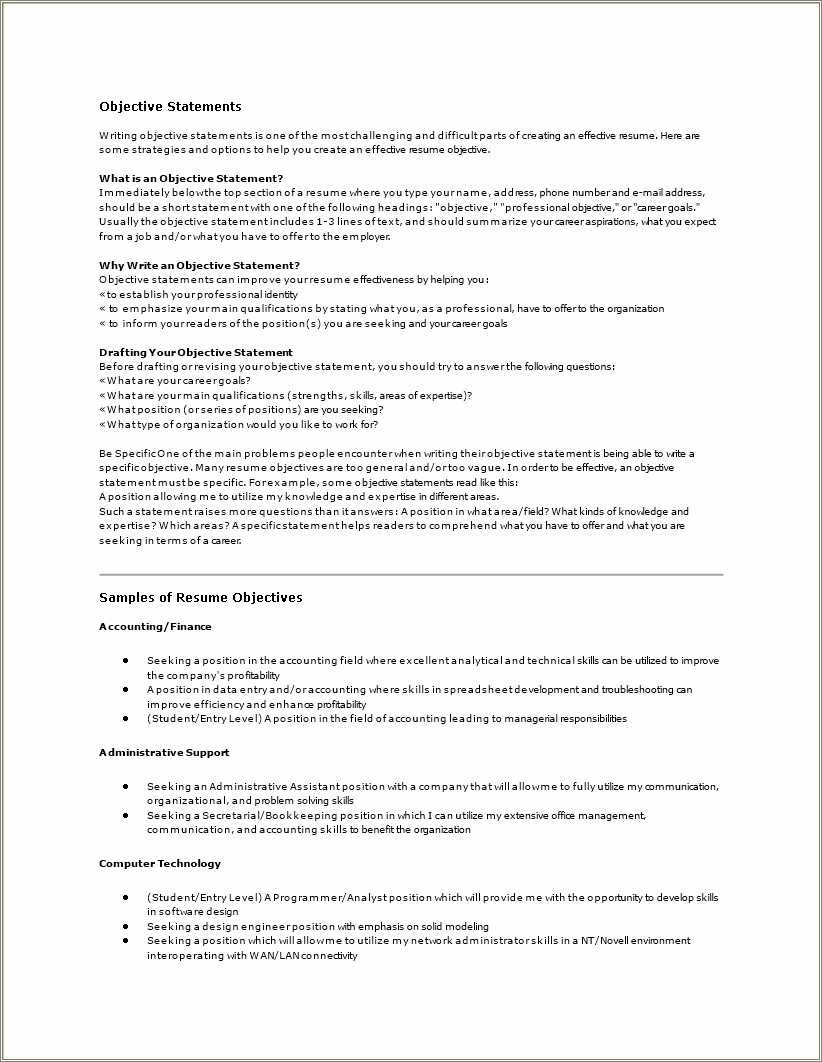 Computer Skill Objective For Resume