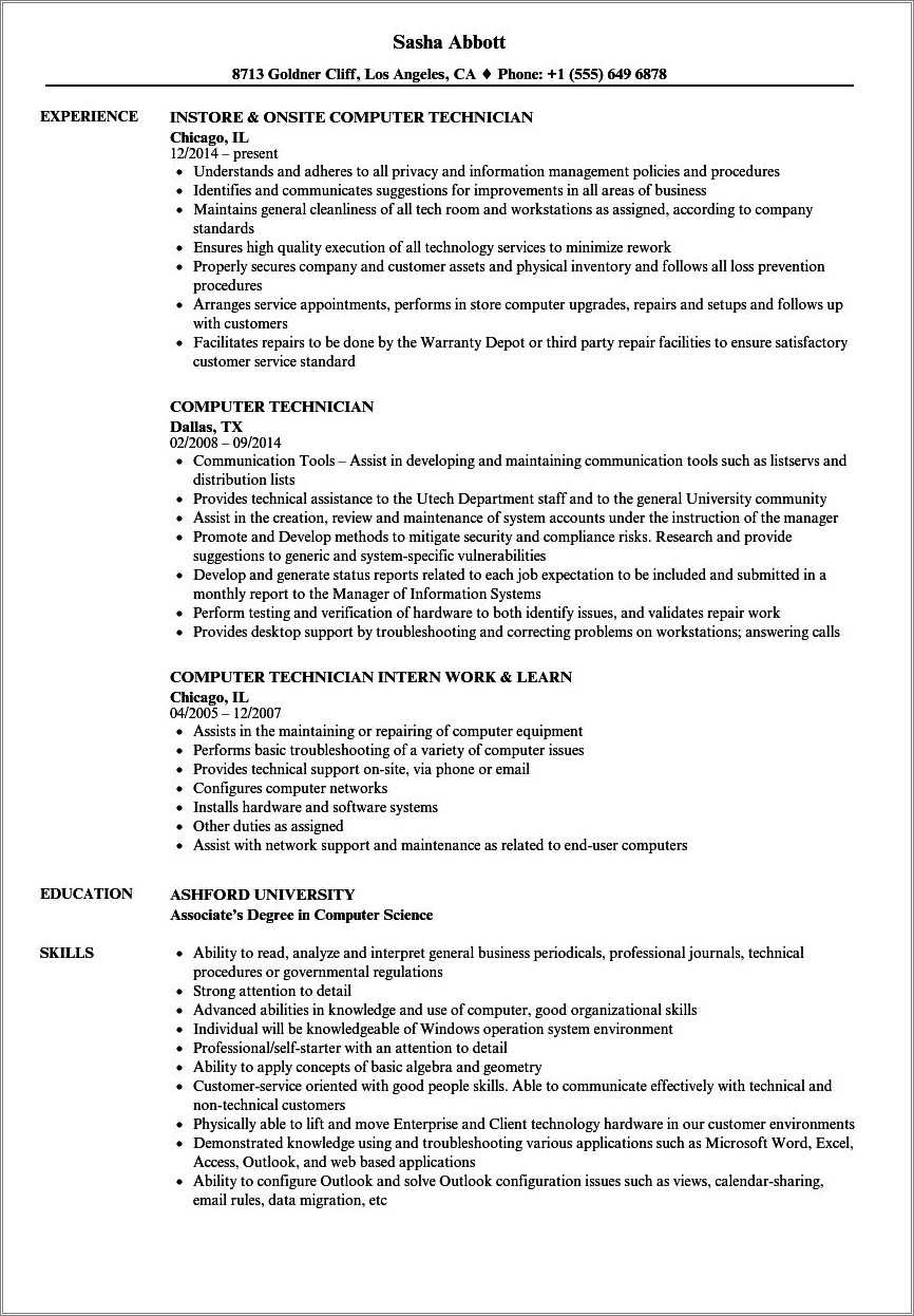 Computer Systems Technician Resume Sample