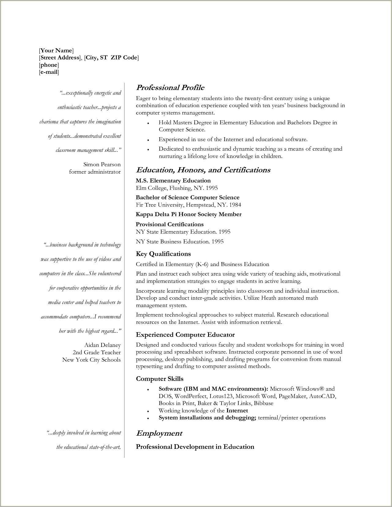 Computer Teacher Resume Samples India