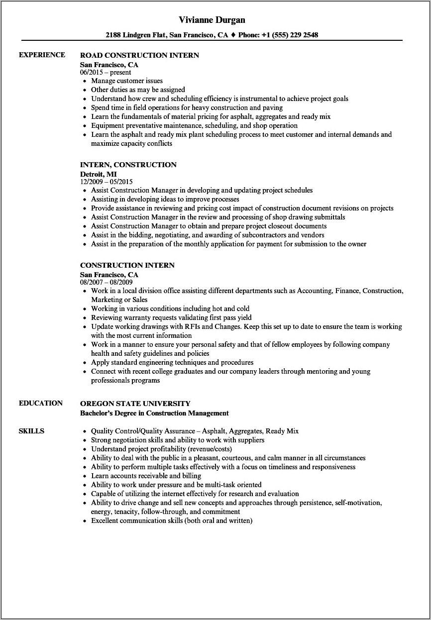 Concrete Construction Manager Resume Examples Resume Example Gallery
