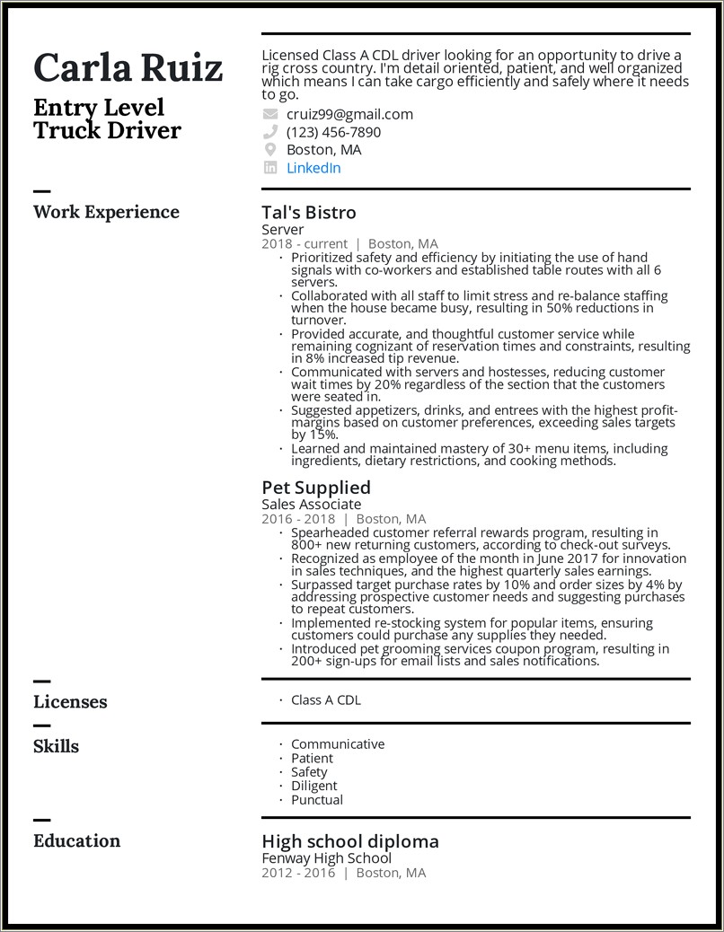 Construction Company Driver Resume Sample