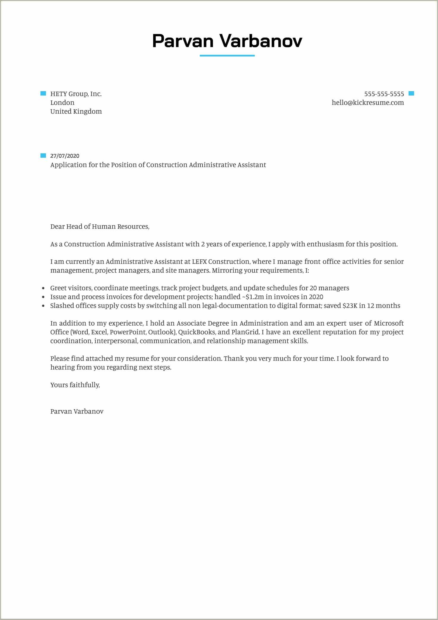 Construction Resume Cover Letter Examples - Resume Example Gallery