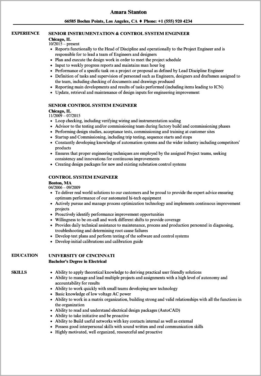 Control System Electrical Engineer Resume Sample Resume Example Gallery