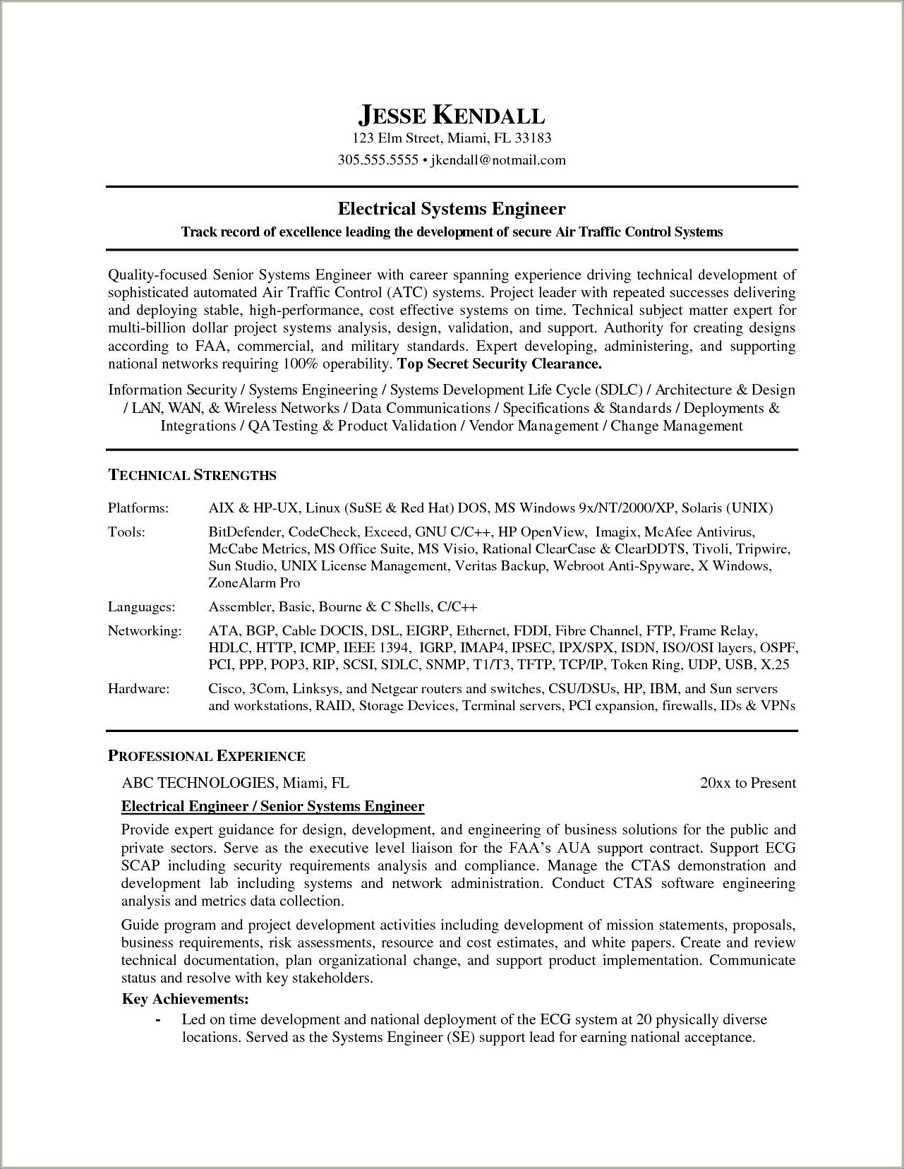 Control Systems Engineer Sample Resume