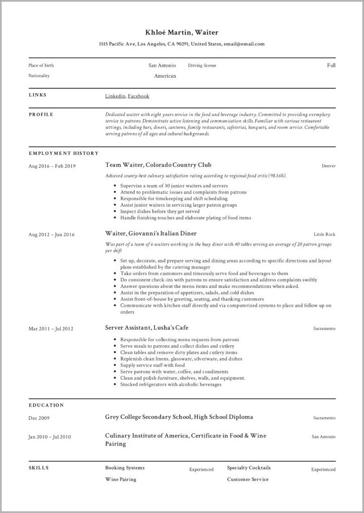 country club server job description for resume