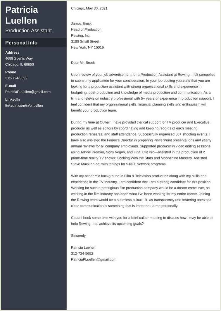 Cover letter for resume examples television production resume example gallery