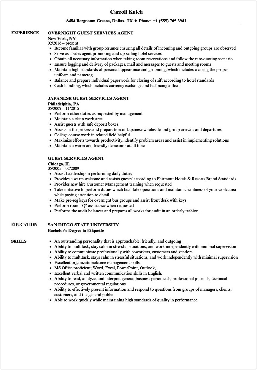 Created Guest Arrival Experience Standards Resume