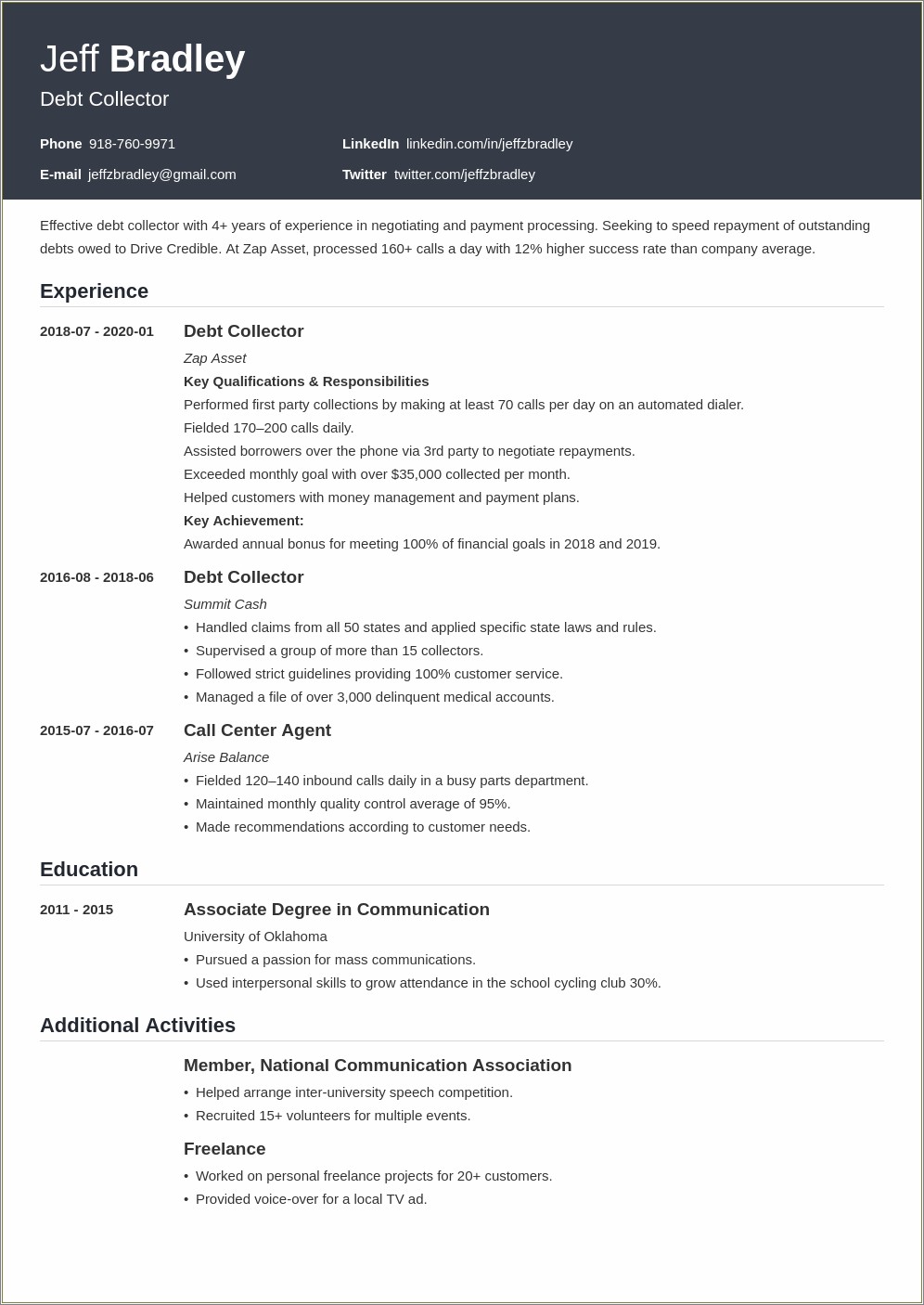 Credit And Collection Manager Resume Cover Letter