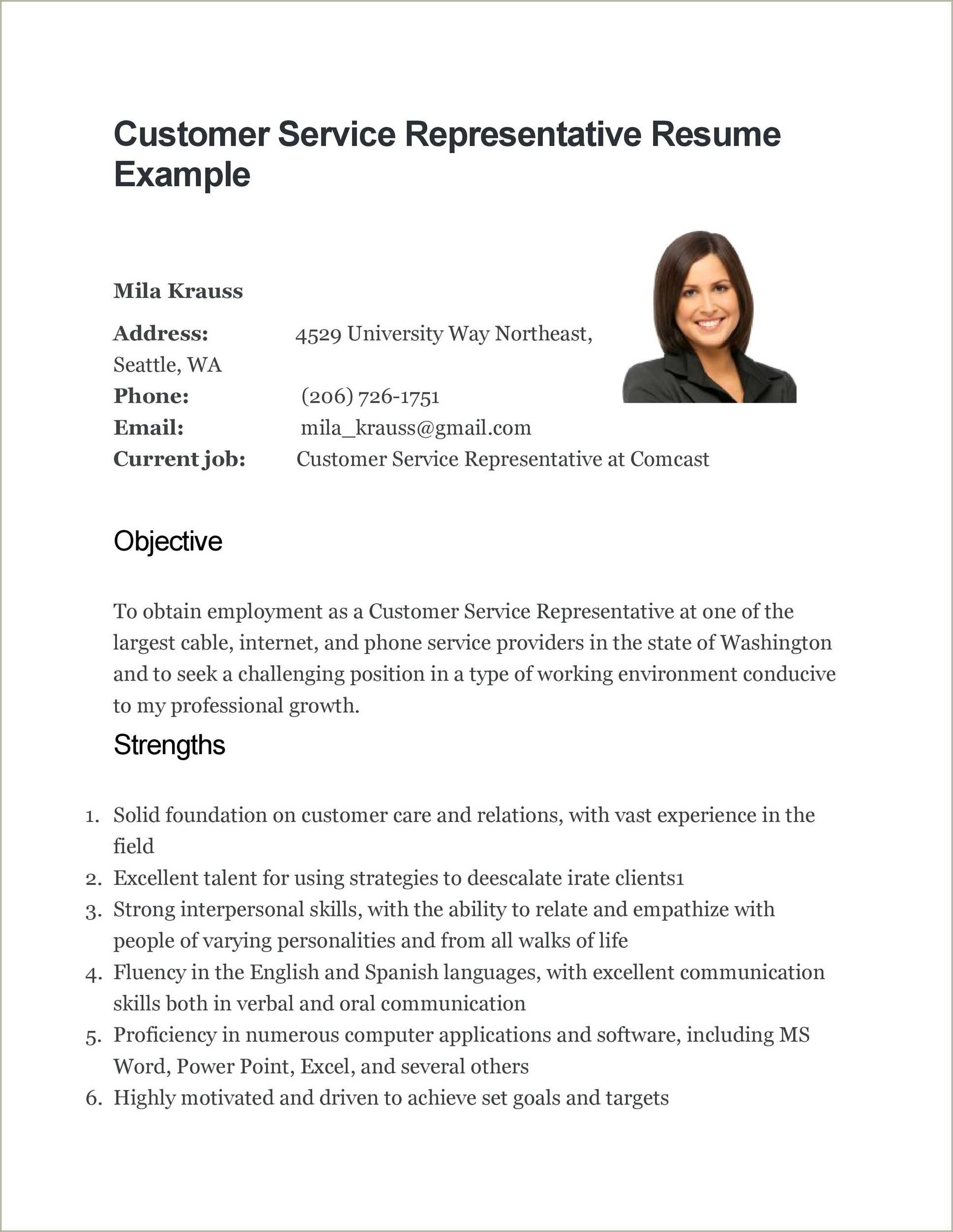 Customer Service Representative Sample Resume Objective