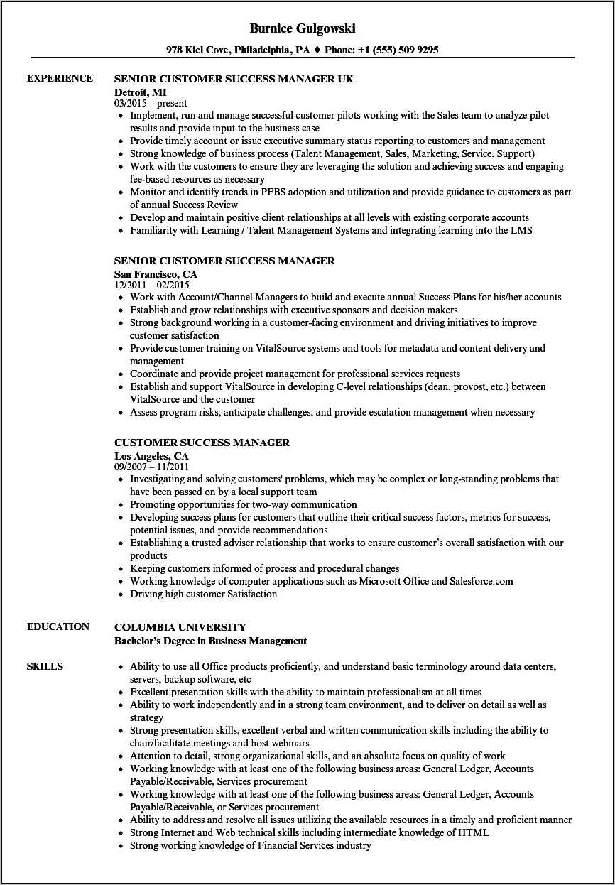 Customer Success Manager Resume Pdf