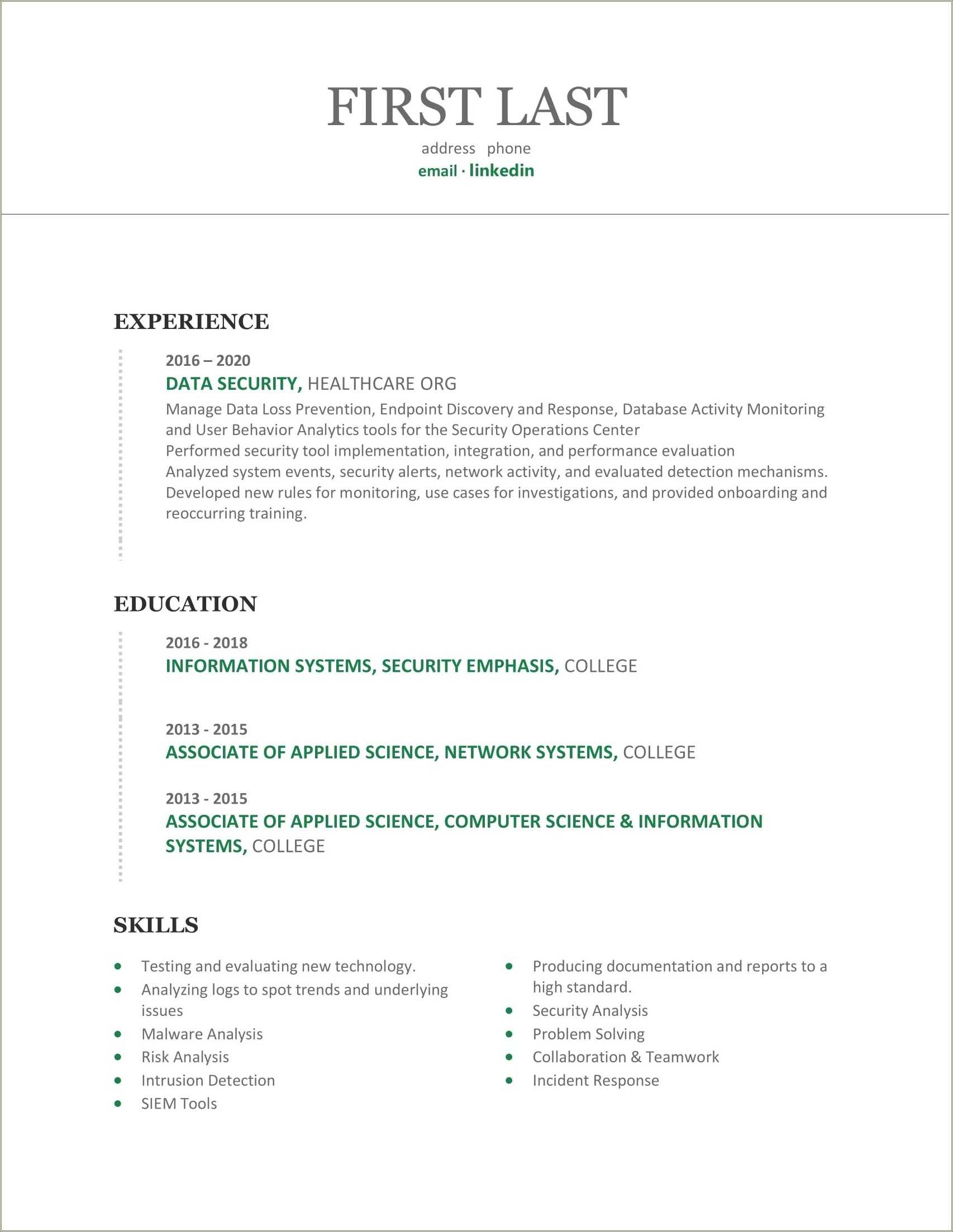 Cyber Security Analyst Project Based Resume Sample