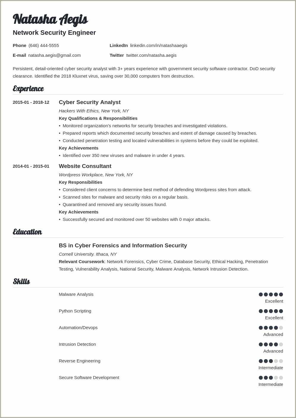 Cyber Security Analyst Sample Resume