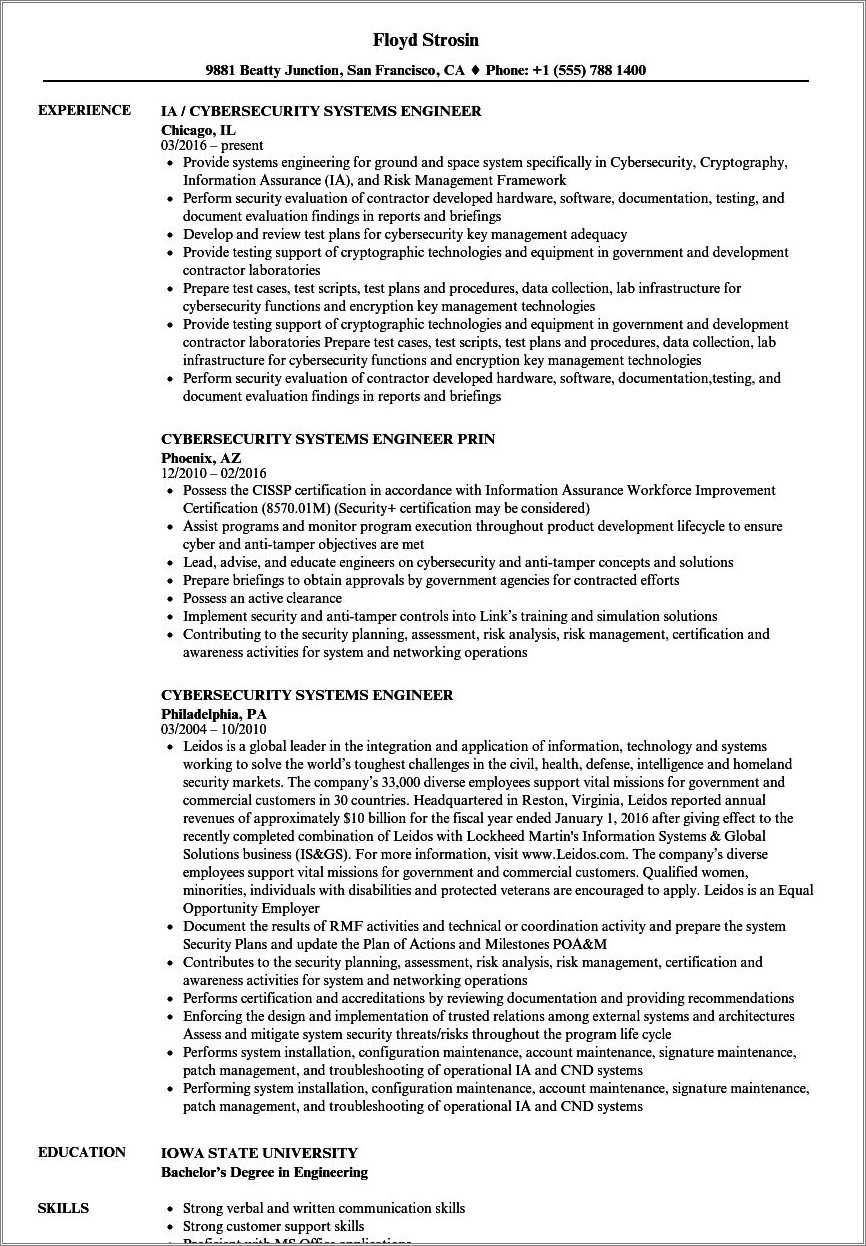 Cyber Security Engineer Resume Example