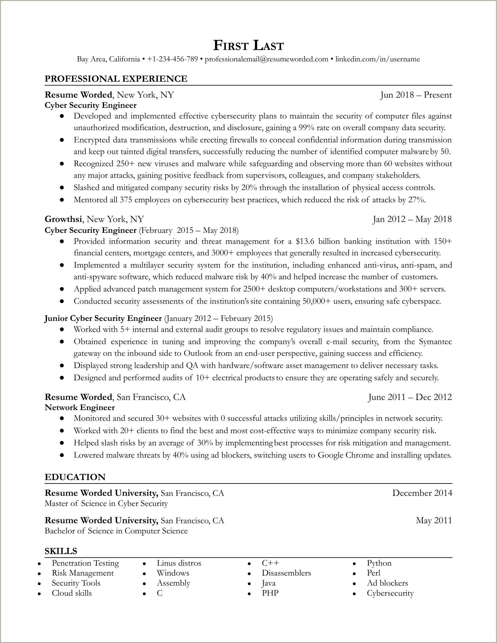Cyber Security Job Description Resume