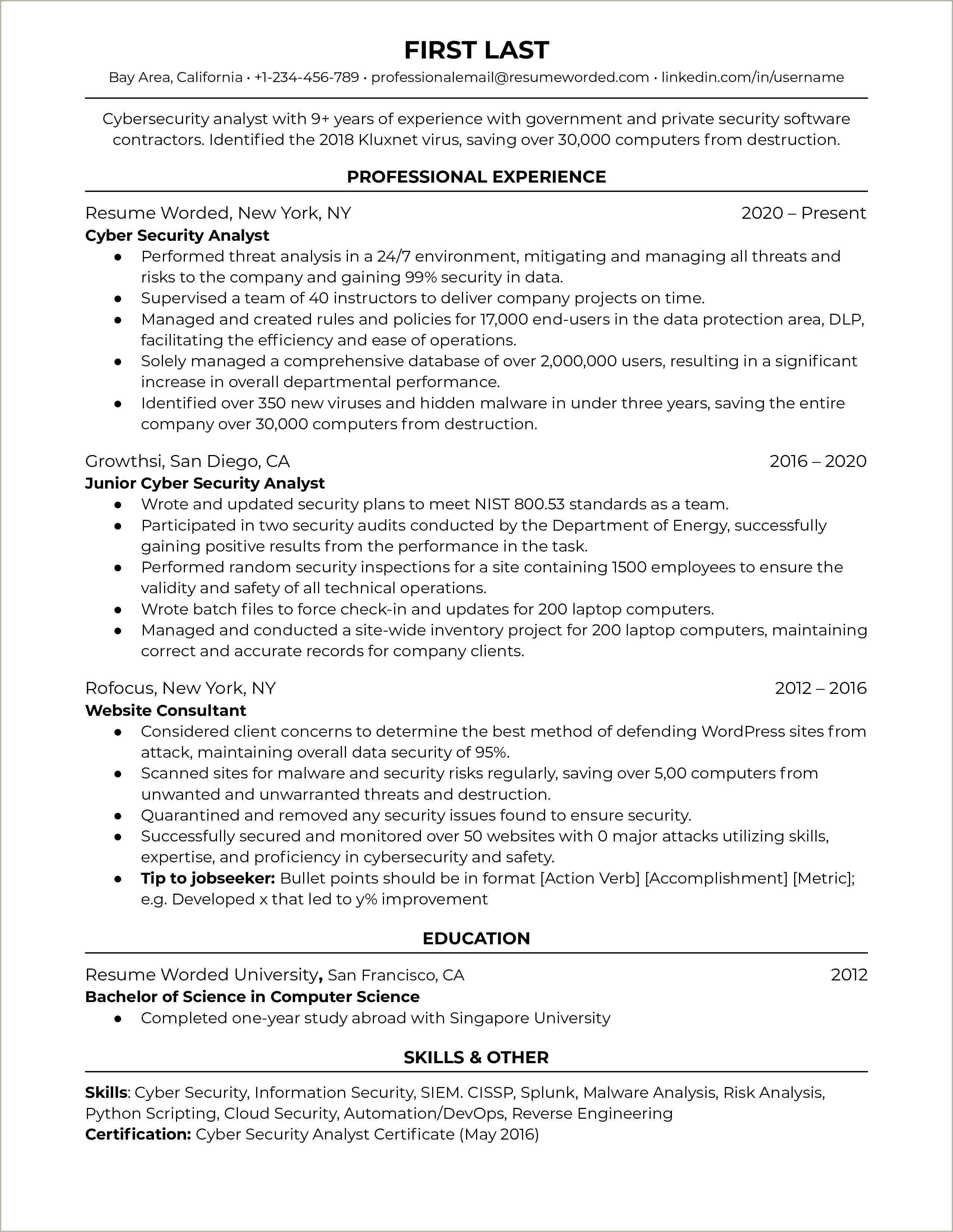 Cyber Security Resume Objective Sample