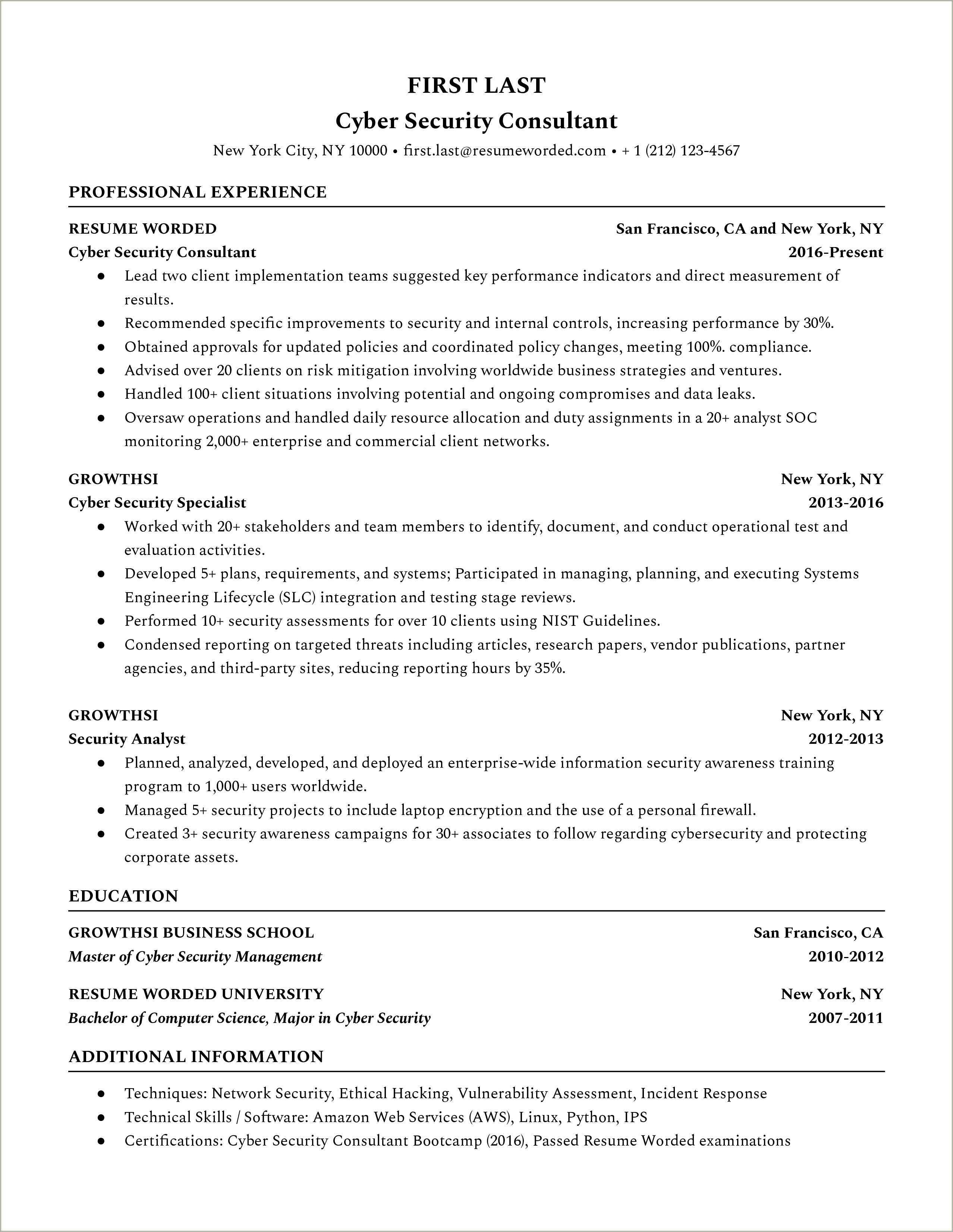 Cyber Security Specialist Resume Sample