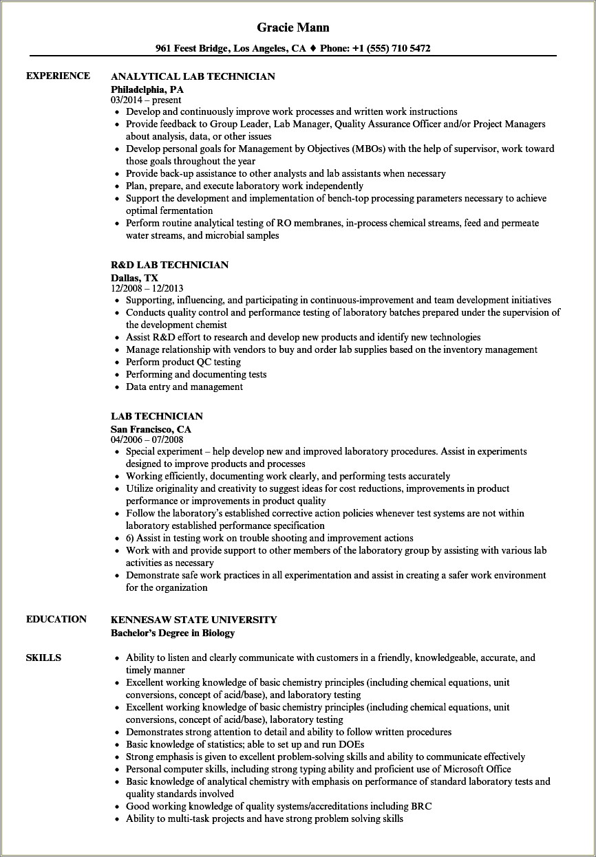 Dairy Lab Tachnician Resume Examples
