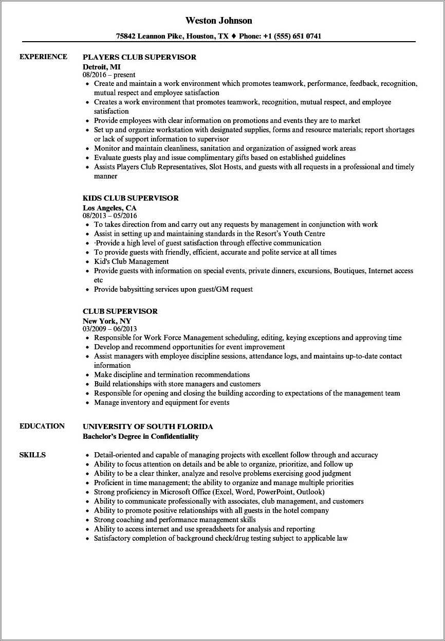 country club server job description for resume