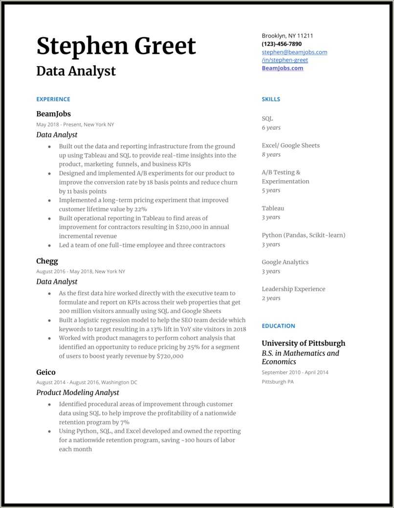 Data Analysis And Reporting Job Resume