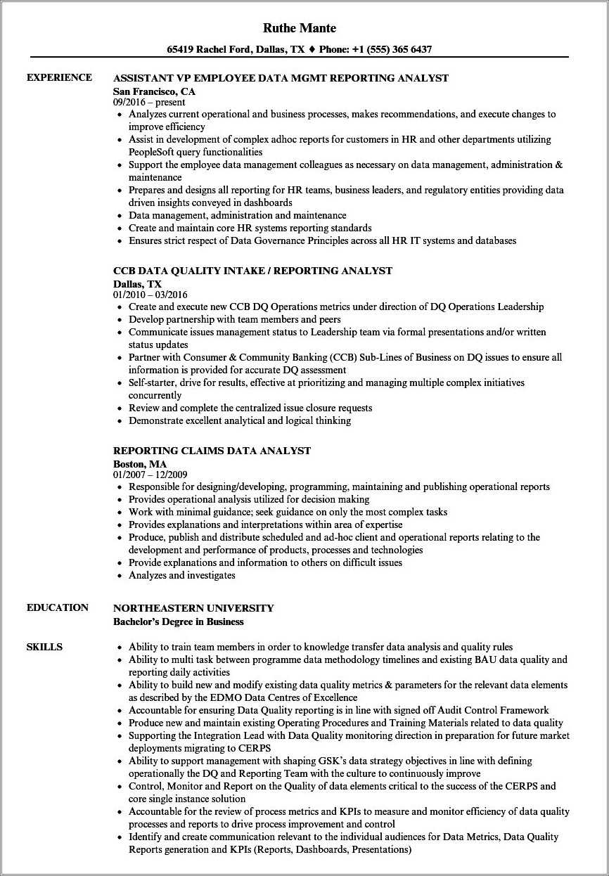 Data And Reporting Analyst Sample Resume