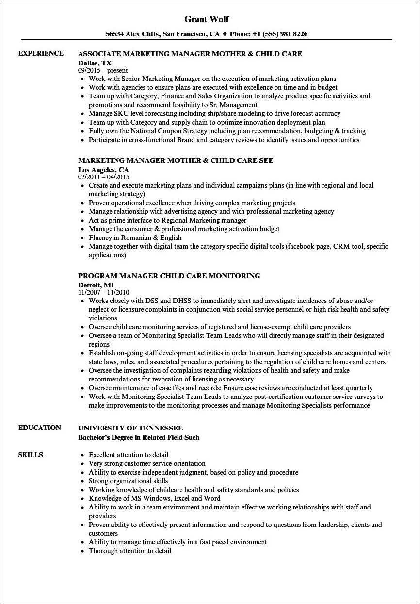 Resume Examples For Daycare Skills Resume Example Gallery