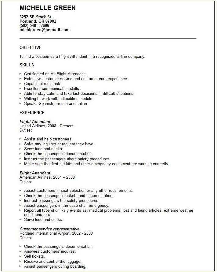 resume for delta flight attendant