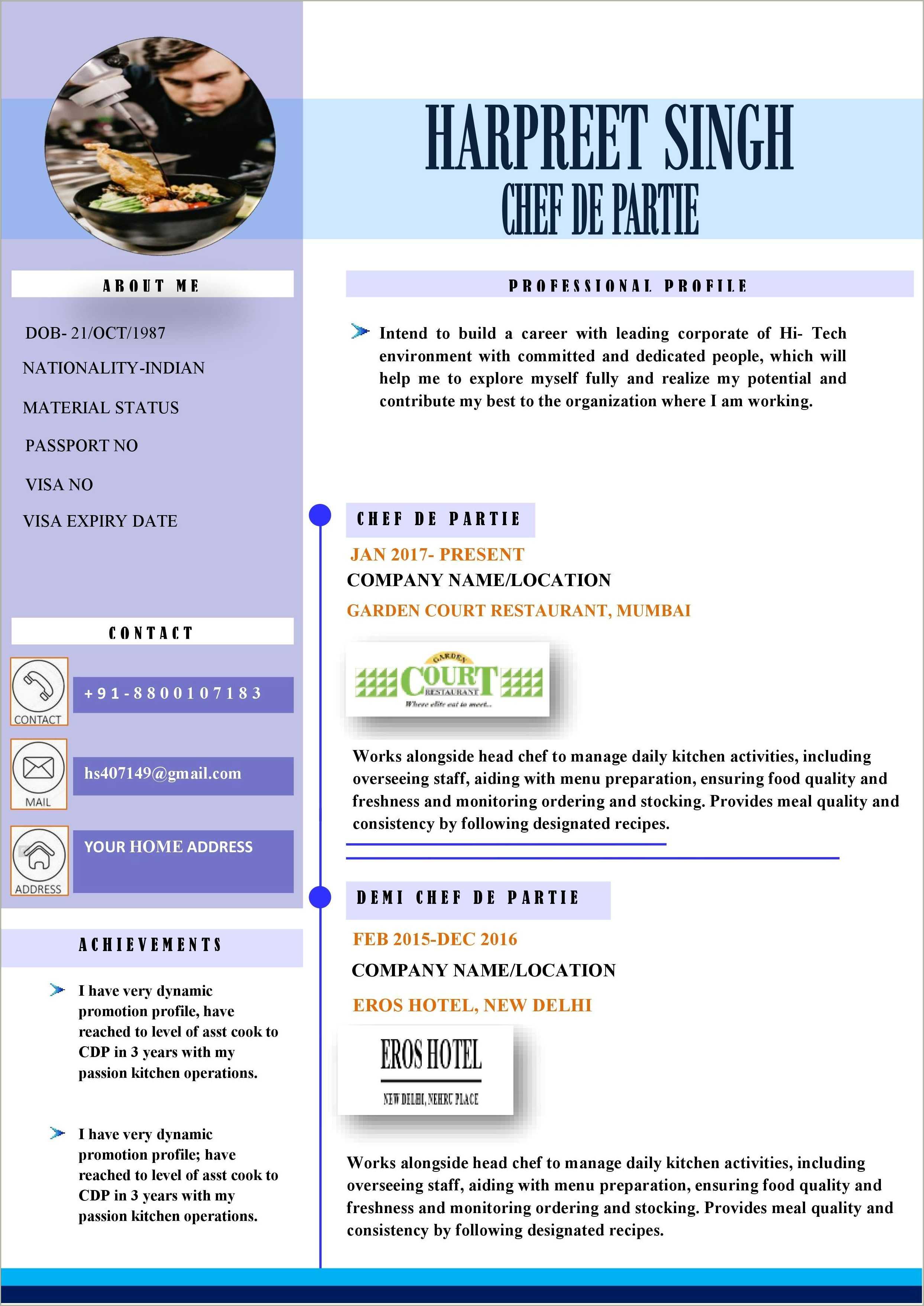 Demi Chef De Partie Resume Word Format Resume Example Gallery