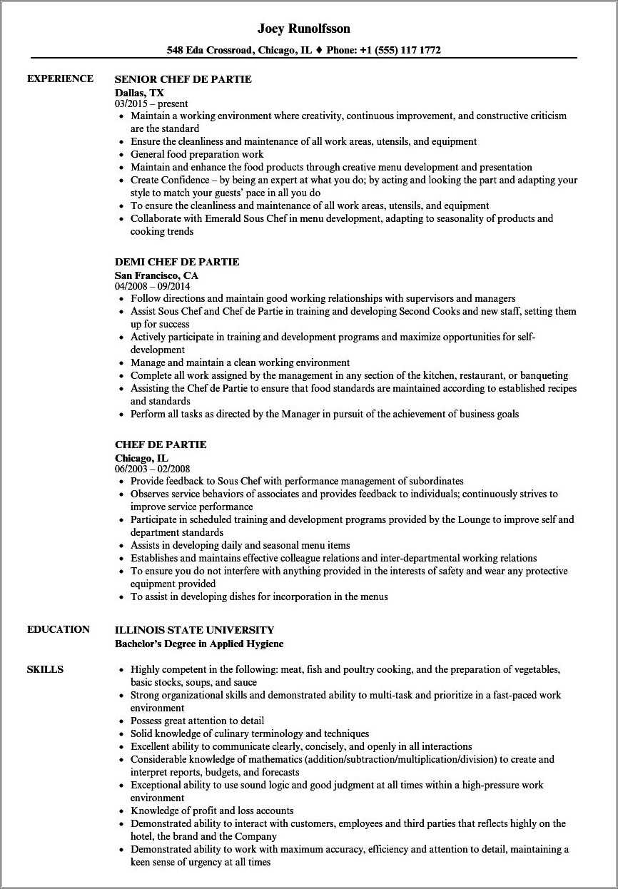 Demi Chef De Partie Resume Word Format Resume Example Gallery