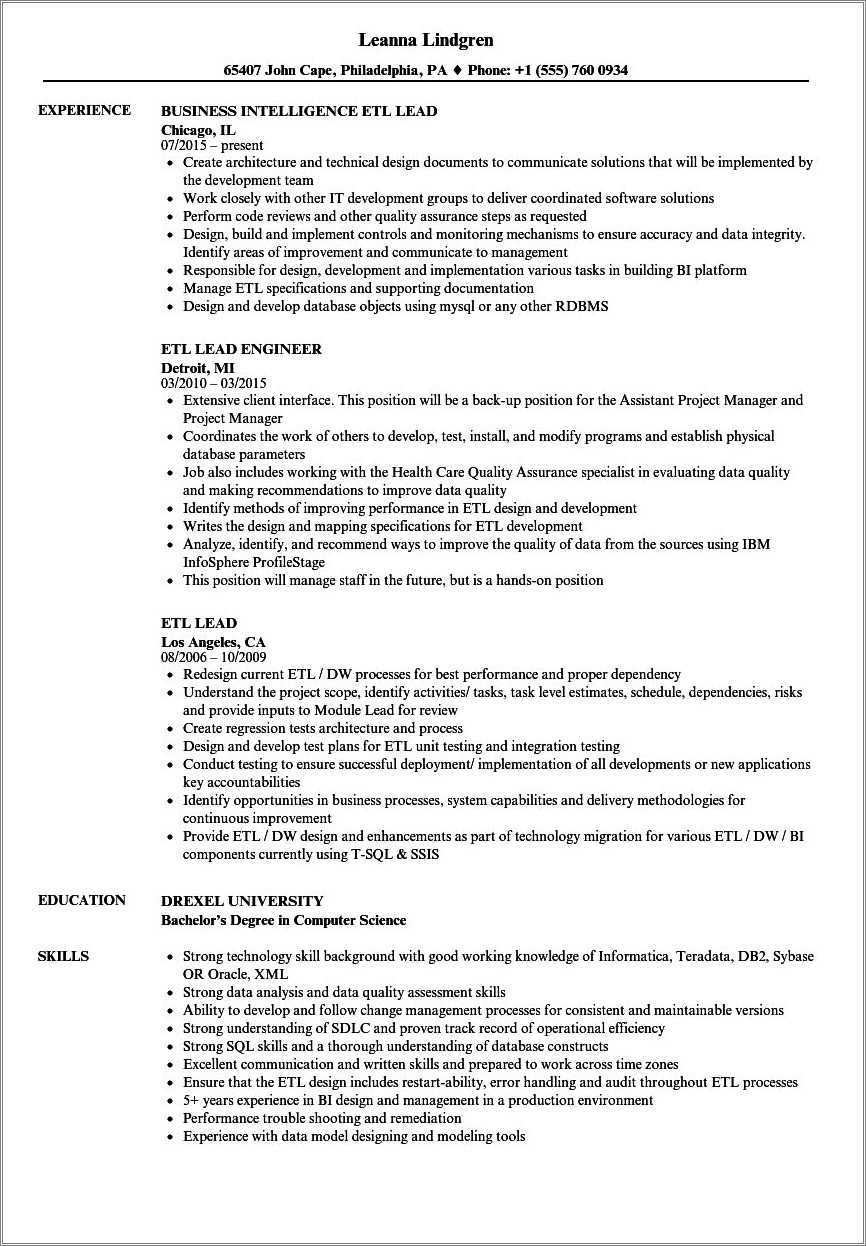 Description Of Etl Based Projects In Resume
