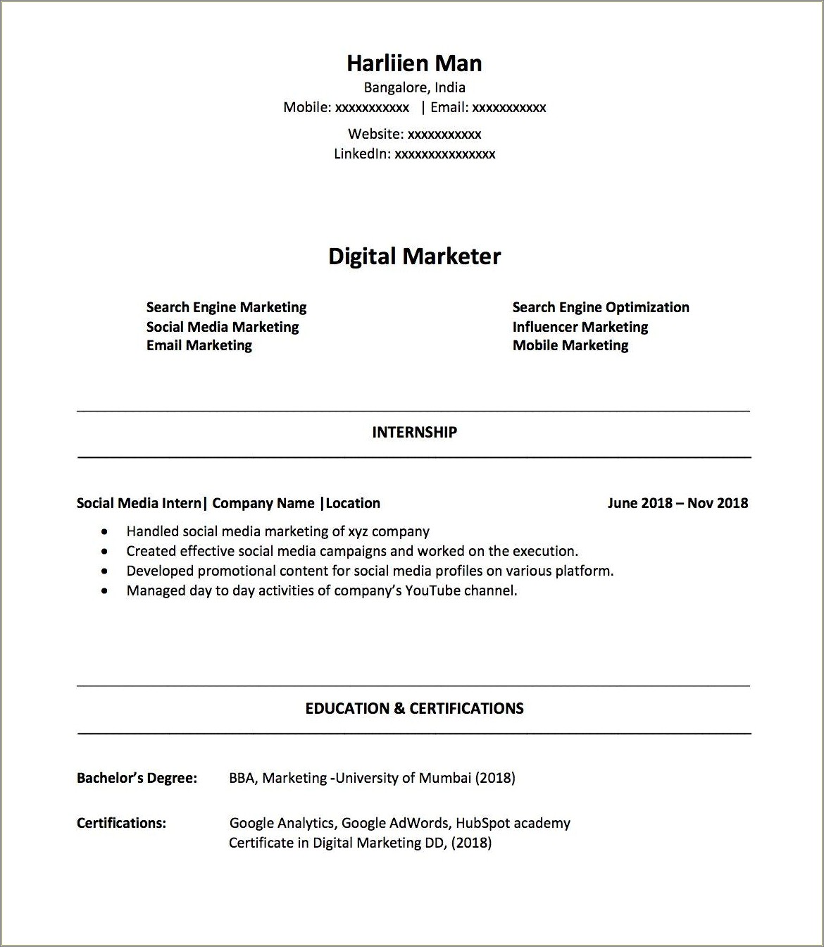 resume format for fresher digital marketing
