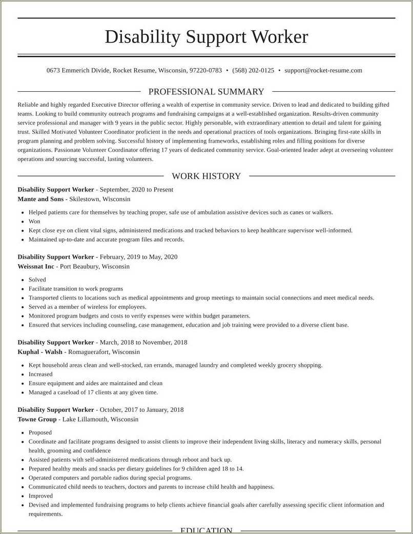 disability support worker resume example