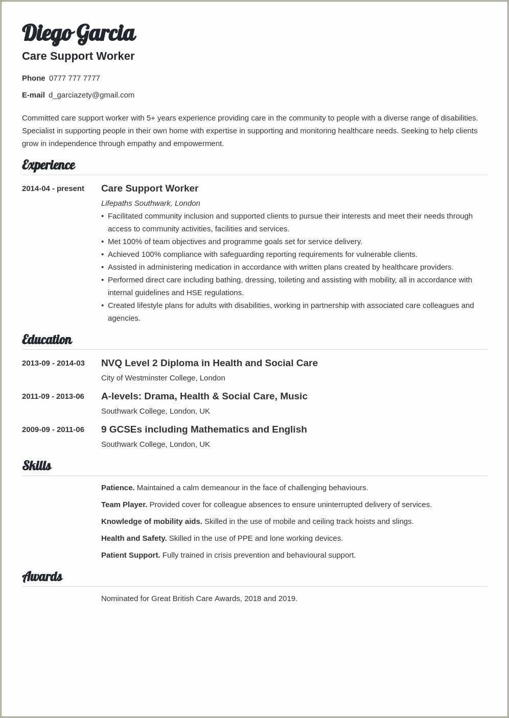 resume for disability support worker no experience