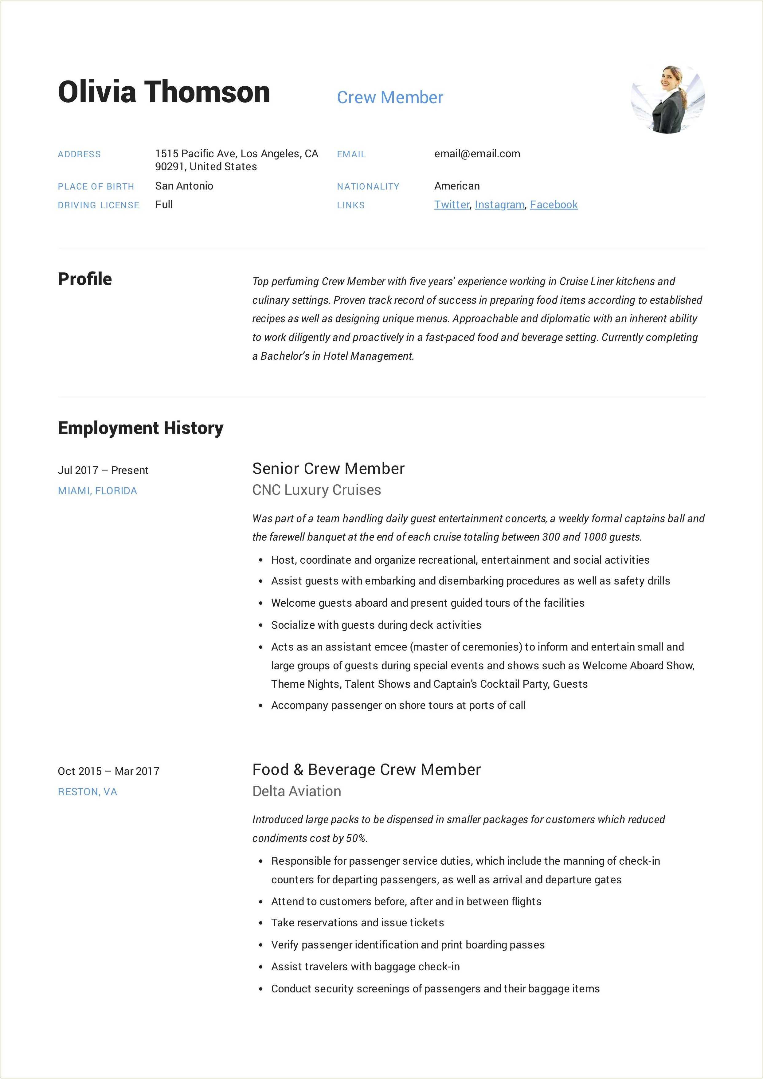 Dominos Crew Member Resume Example