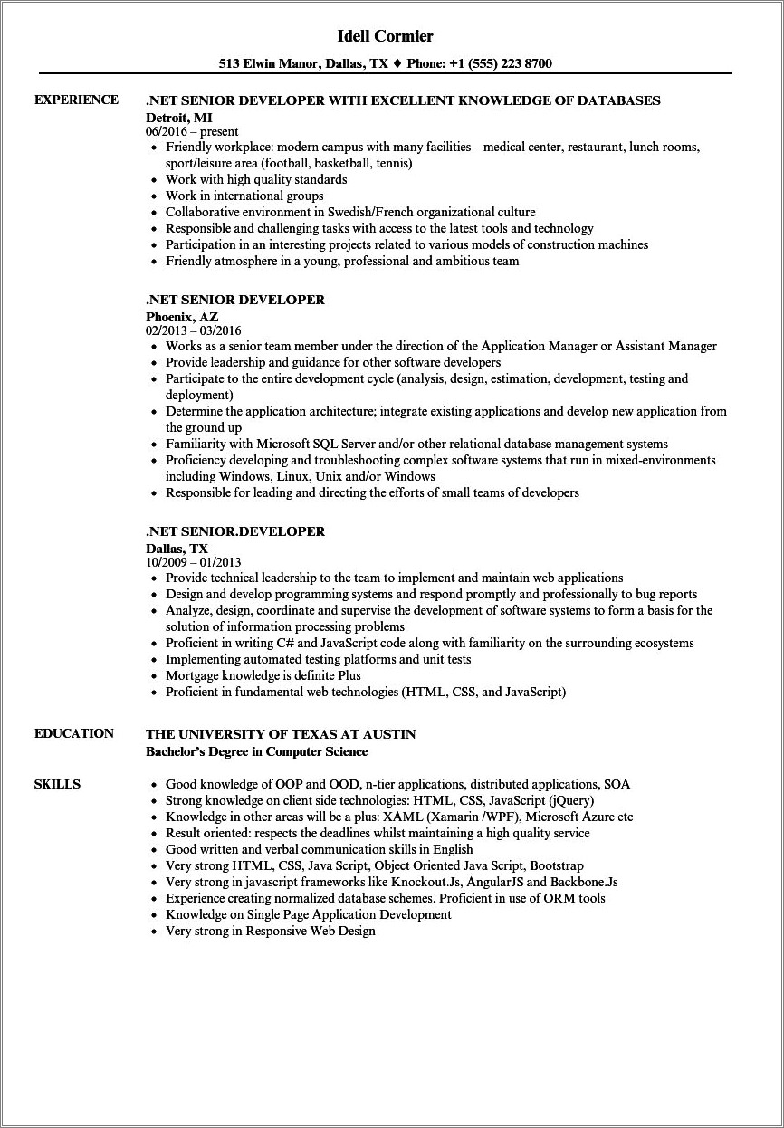 Dot Net Resumes 4 Years Experience Sample